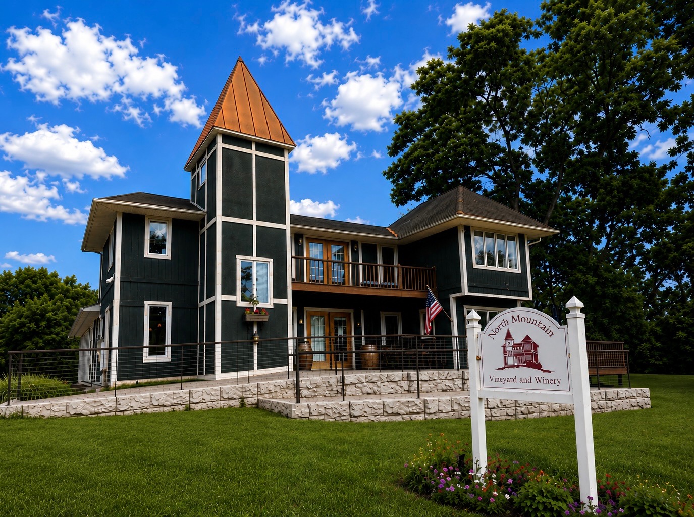 North Mountain winery building and gardens for guest gatherings