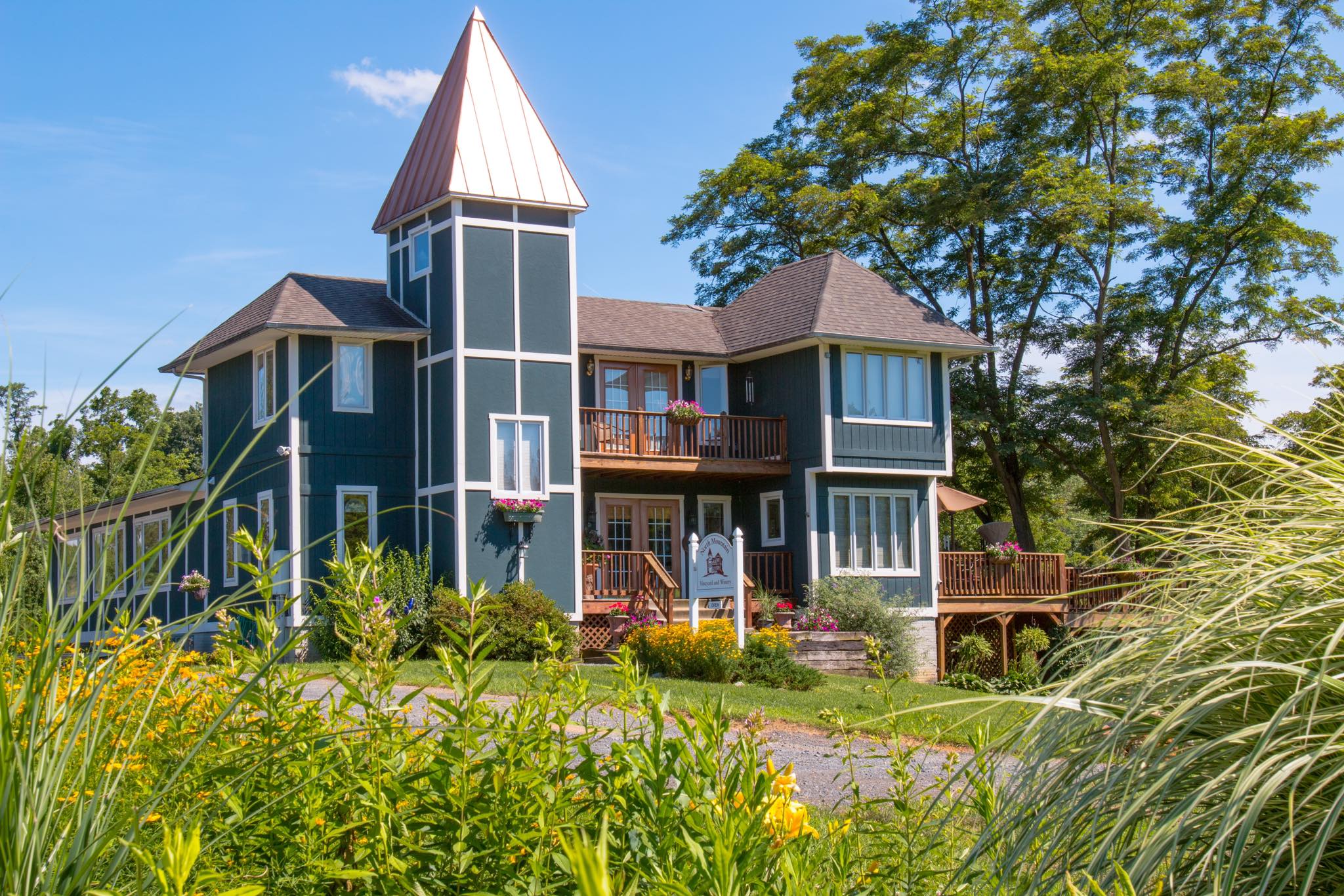 North Mountain winery building and gardens for guest gatherings