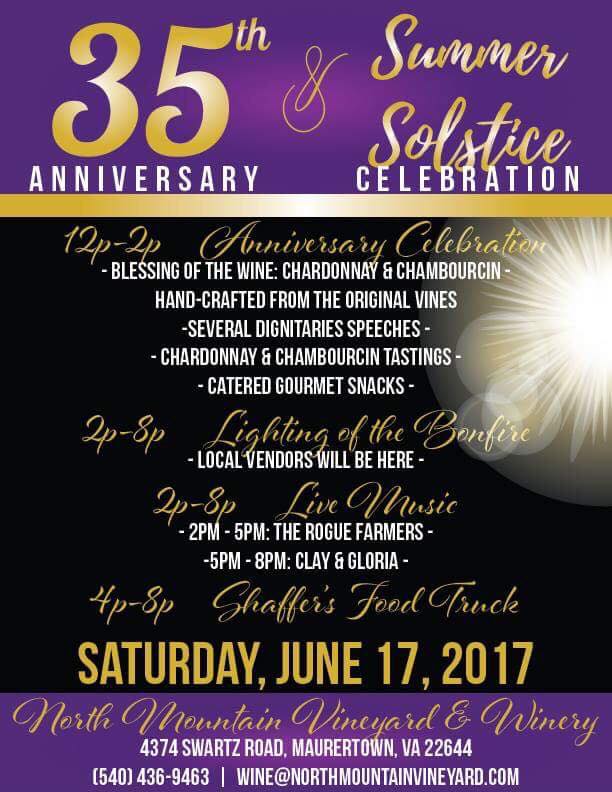 Come join us on June 17th for a BIG celebration! We are celebrating 35 years and Summer Solstice! Shaffer's BBQ & Market Food Truck, live music from The Rogue Farmers and Clay and Gloria, wine tastings, and local vendors. Great wine, good eats, and fantastic friends. See you then. #NMTN35thAnniversary