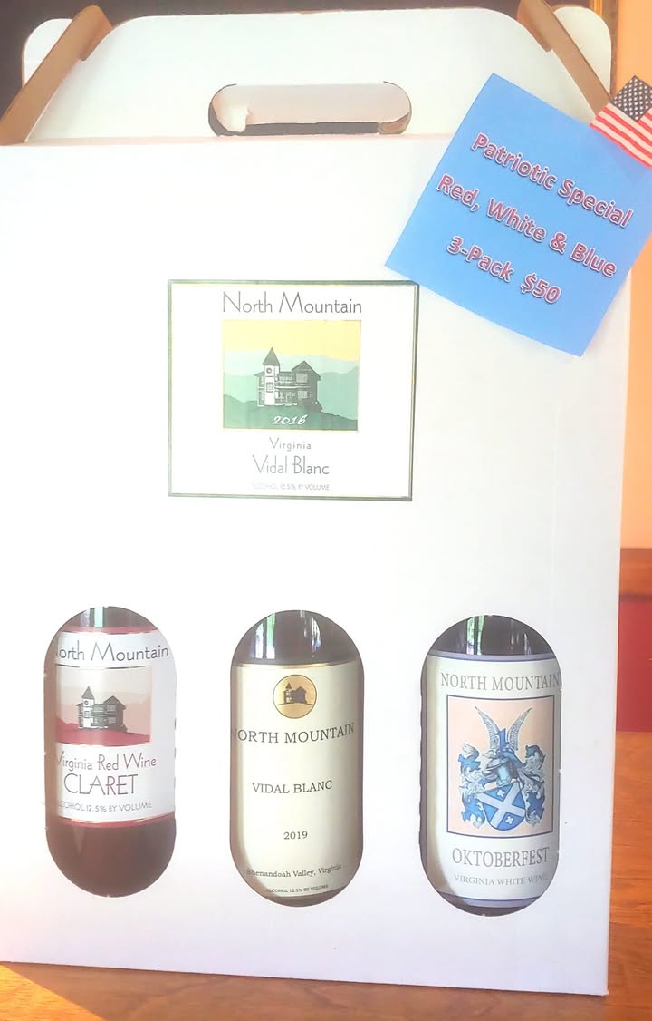 Our next 40th Anniversary Special is a Patriotic 3-pack. Claret, Vidal Blanc, and Oktoberfest for $50.
