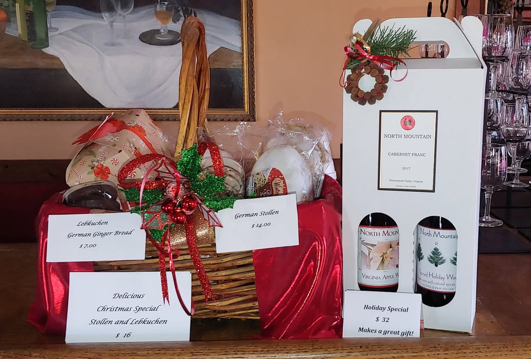 Delicious holiday specials! Lebkuchen and stollen for $16 when purchased together. Virginia Apple and Spiced Holiday wines for $32 a set. We are open Friday, December 23rd until 5:00 and Saturday, December 24th until 4:00 p.m., weather permitting.