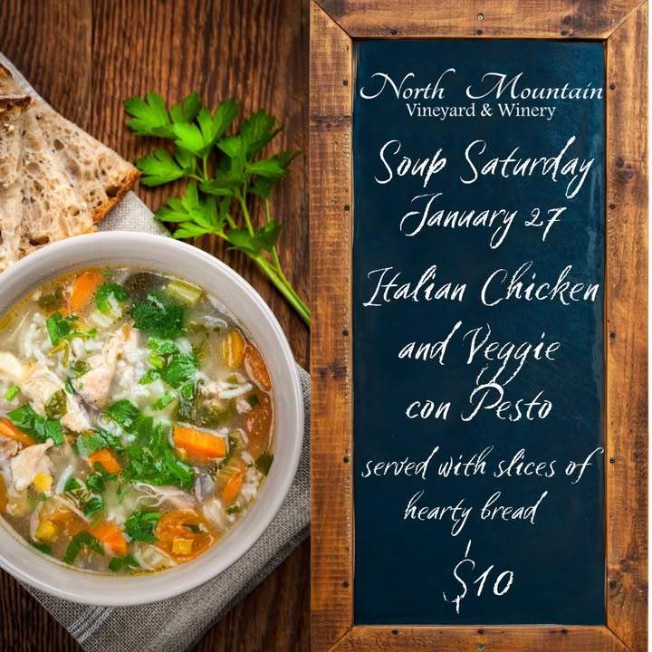 🍲 Join us for the last Soup Saturday of January at the Vineyard! Escape the rain with a glass of wine by the fireplace, overlooking the vineyard. Indulge in a delicious soup and hearty bread. See you there! 🍷🔥 #northmountainvineyard #nmtn #soupsaturdays #soupandwine