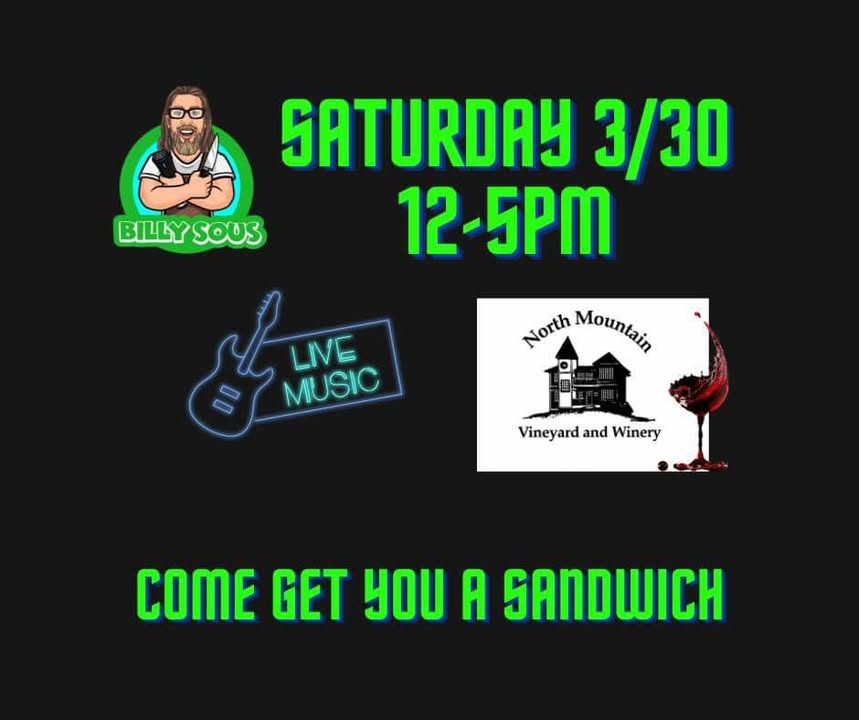 Come see us this Saturday North Mountain Vineyard & Winery in beautiful Maurertown! Awesome LIVE MUSIC 🎶 from Bill Vaughan, local vino 🍷, and killer Billy Sous sandwiches 🥪 FTW💥🤘🏻