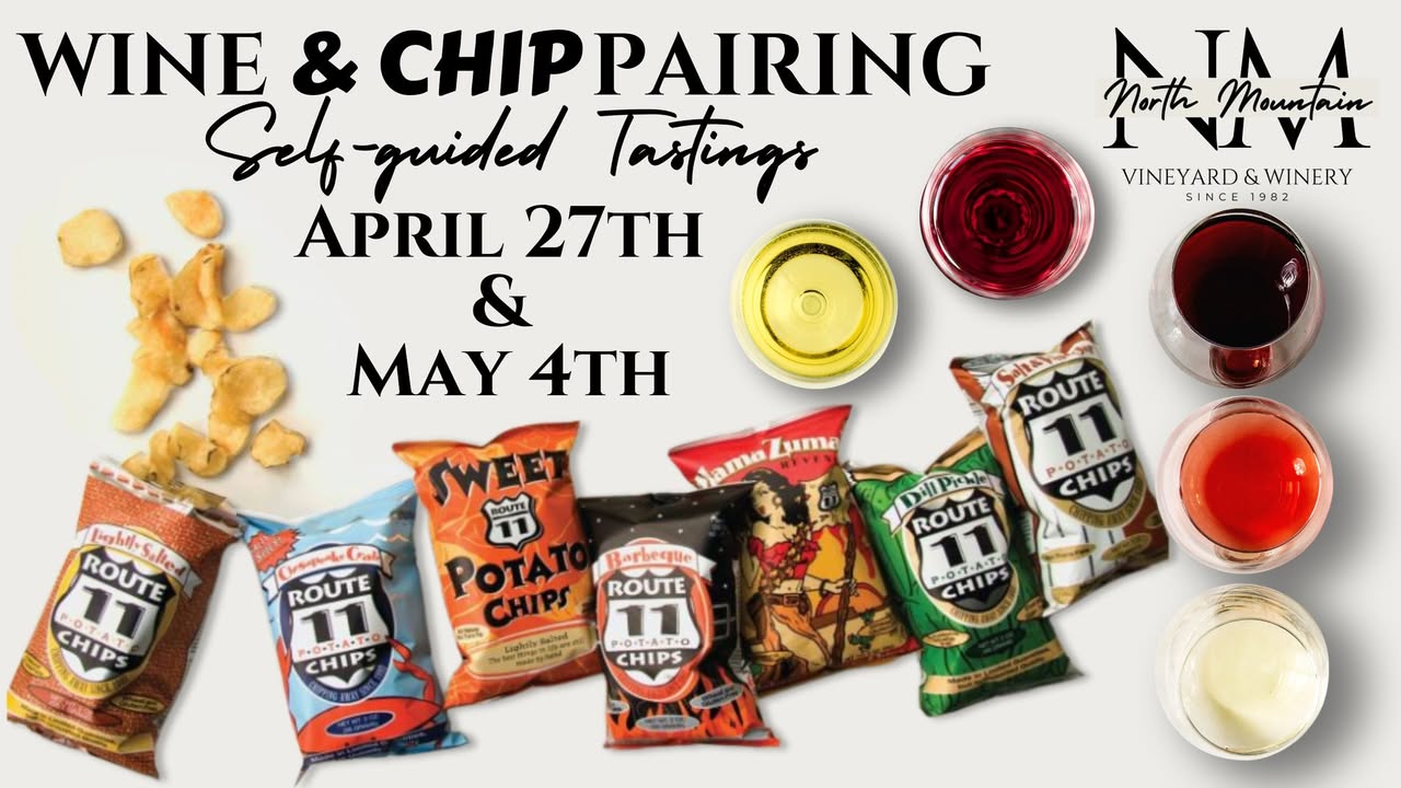 North Mountain Vineyard is excited to present a tasting of two locally made products. Come to the vineyard Saturday April 27th and May 4th and try a fantastic union of Route 11 Potato Chips and North Mountain wines. This special self-guided tasting will be served in our flight trees and includes 4 wines paired with 4 different carefully vetted styles of Route 11 chips. As an added bonus, you can choose a 5th wine to round out your flight. Find out what wine you can serve with Salt and Pepper chips or Dill Pickle chips. No reservations needed. We look forward to seeing you and hearing your reactions! #shenandoahvalleywinecountry #virginiawinecountry #shenandoahvalleywines #virginiawine #virginiaisforwinelovers #shenandoahvalleywinetrail #northmountain #virginiavineyards #virginiawinelove #shenandoahvalleywine #shenandoahvalleywinery #Winery #Food #northmountainvineyard #virginiawinetrail #shenandoahvalleywinetasting