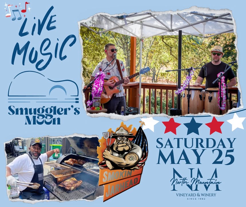 Celebrate Memorial Day Weekend with Live Music, Delicious Food, and Award-Winning Wines at North Mountain Vineyard & Winery! Sip, Savor, and Celebrate at North Mountain Vineyard & Winery Memorial Day Weekend! Join us on Saturday, May 25th for an afternoon filled with live music by the incredible Smuggler's Moon and delectable food & Fixin's by Smokin' Jarhead"". Imagine this: relaxing on our scenic patio, a glass of our award-winning wine in hand, delicious food tantalizing your taste buds, and the smooth sounds of Smuggler's Moon filling the air. It's the perfect way to unwind and celebrate the long weekend with friends and family. Don't miss out! Mark your calendars for Saturday, May 25th. We can't wait to celebrate with you! #MemorialDayWeekend #NorthMountainVineyard #LiveMusic #SmugglersMoon #FoodTrucks #SmokinJarhead #WineLovers #VirginiaWine #ShenandoahValley #PerfectDay #LetsCelebrate #virginiawinelove #virginiawine #shenandoahvalleywines #virginiawinetrail #virginiawinecountry #virginiavineyards #shenandoahvalleywinetasting #shenandoahvalleywine #shenandoahvalleywinetrail #Winery #shenandoahvalleywinecountry #virginiaisforwinelovers #shenandoahvalleywinery #nmtn #northmountain