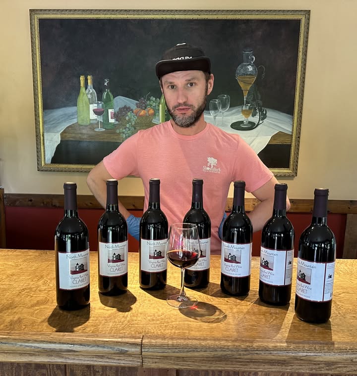 Assistant winemaker Andrew is waiting to introduce you to our 2021 North Mountain Vineyard Claret. This estate wine is a lighter bodied Bordeaux blend of Cabernet Sauvignon, Cabernet Franc, and Petit Verdot. Aged for 2 years in used French oak, this delicious wine is just waiting to be served with your summertime bar-be-que! #nmwine #vawine #shenandoahvalleywinetrail #virginiaisforwinelovers #shenandoahvalley