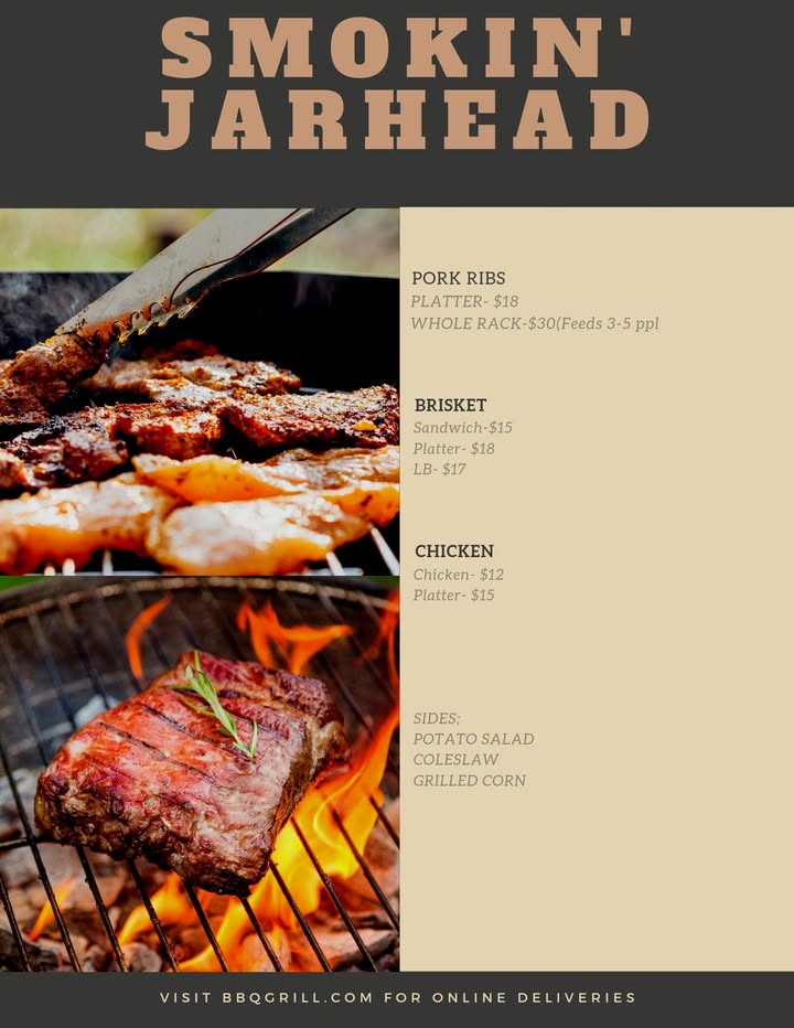Here is a peek at our food menu for July 6th. Food by Smokin' Jarhead. Music by Bill Vaughan! Open 11-5:00. Music and food at 2:00. Happy Fourth of July🇺🇸🇺🇸