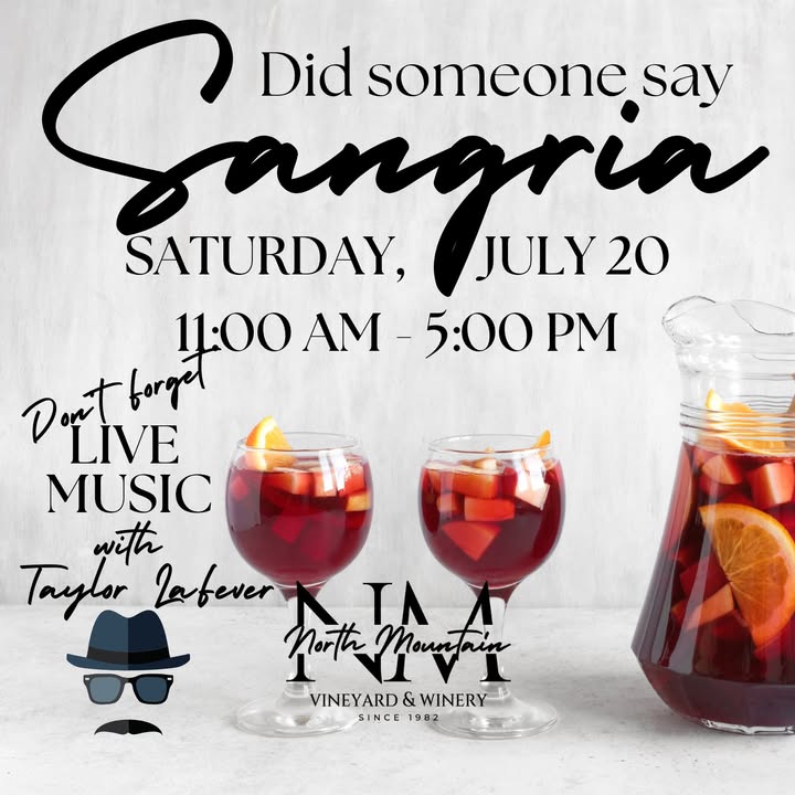 Beat the summer heat with sangria & music at North Mountain Vineyard! This Saturday, soak up the sun and cool off with a refreshing glass of fruited sangria at North Mountain Vineyard! We'll be serving up our delicious sangria all day, perfect for sharing with friends or enjoying on its own. And that's not all! Live music by Taylor LaFever will be filling the air from 2:00 PM to 5:00 PM, creating the perfect atmosphere for a relaxing afternoon. So come on out, sip on some sangria, sway to the music, and take in the beautiful views at North Mountain Vineyard. We can't wait to see you there! #sangria #northmountainvineyard #livemusic #tayloralafever #summervibes