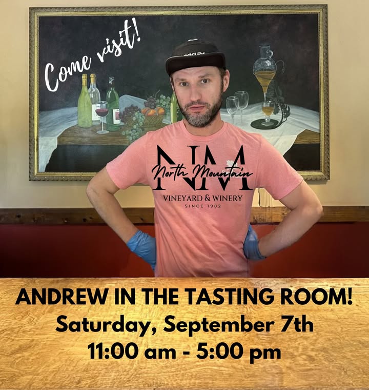 Exciting news! Andrew is back in the tasting room this Saturday at North Mountain Vineyard! 🍷 As a long-time employee and assistant winemaker, Andrew has seen it all and knows the vineyard like the back of his hand. He’s been instrumental in crafting our delicious wines for years and has countless stories to share. Stop by and say hello!