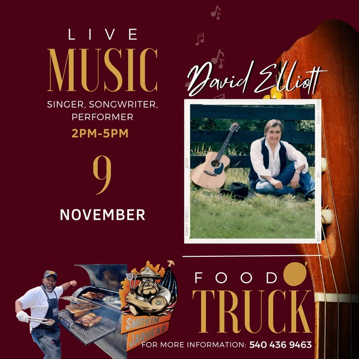 Join us on Saturday, November 9 for delicious barbecue from Smokin' Jarhead and live music by David Elliott! A perfect day to wind down and wine up!