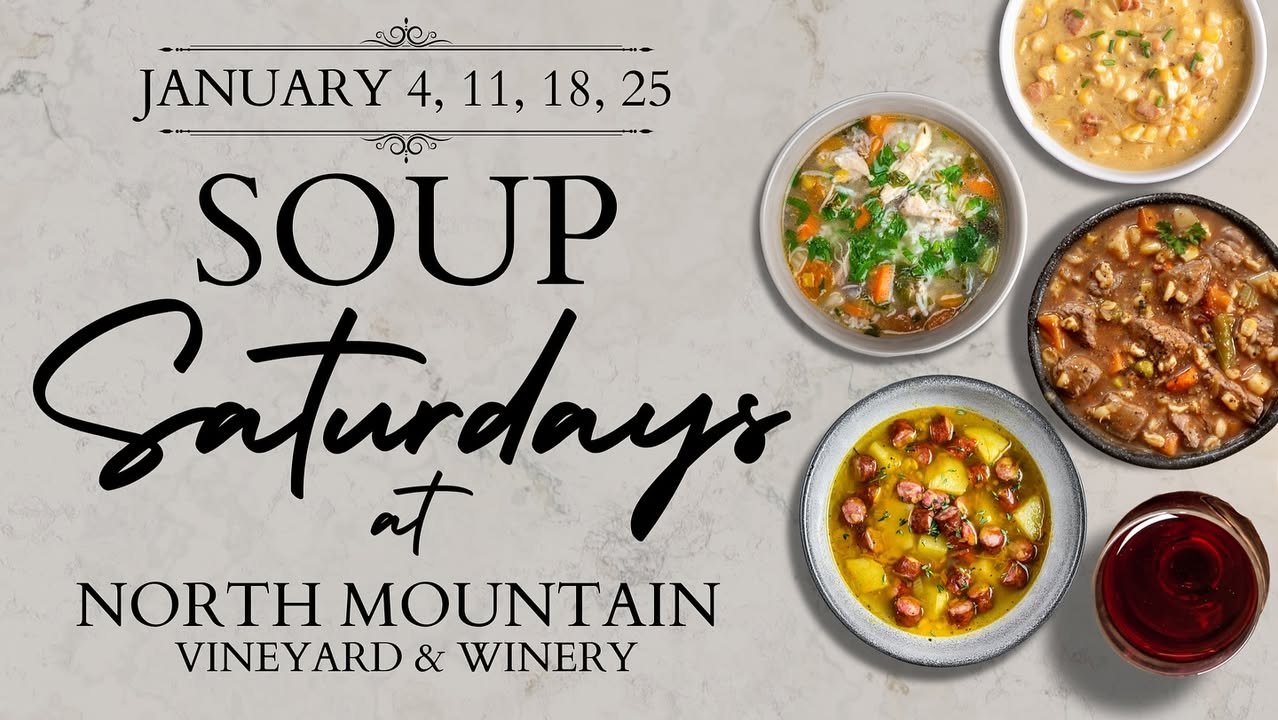Join us at our picturesque winery every Saturday in January for a heartwarming experience at our Soup Saturdays event. January 4: Hearty Beef and Veggie Barley January 11: German Bavarian Potato Soup January 18: Hearty Shrimp and Corn Chowder January 25: Italian Chicken and Veggie Soup con Pesto Nestled amidst rolling vineyards and majestic mountains, our winery provides the perfect setting for a cozy winter gathering. You'll be greeted by the inviting aromas of homemade soups simmering on the stove. Pair your soup with a glass of our delicious wines, carefully selected to complement the rich and comforting flavors of the season. Our rustic fireplace will beckon you to warm up by its crackling flames creating a perfect setting for catching up with friends and enjoying quality time with family. Join us this January for our annual and popular Soup Saturdays and let it become a cherished tradition for you!