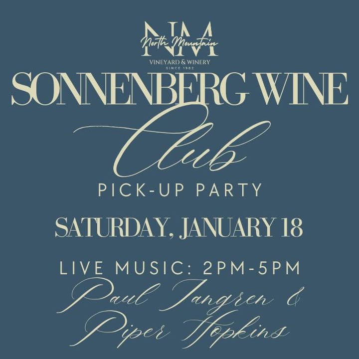 Save the Date! Wine Club PickUp Party, Live Music, & Wine at North Mountain Vineyard Mark your calendars for an afternoon of delightful music and delicious wine! Join us on January 18th from 2 pm to 5 pm as Paul Tangren and Piper Hopkins grace our stage with their musical talents. Get ready to: Pick up your latest shipment of delicious North Mountain wines (wine club members). Mingle with fellow wine enthusiasts. Learn about our newest releases from the experts themselves. Sip on North Mountain's finest wines while enjoying the smooth sounds of these talented musicians. Relax by the warm fireplace. Create lasting memories with friends and family in a charming atmosphere. Whether you're a wine connoisseur or simply looking for a relaxing afternoon getaway, this event is for you! Spread the word and tag your music-loving friends! #NorthMountainVineyard #LiveMusic #PaulTangren #PiperHopkins #WinterinVA #VirginiaWine #WineClub #PickUpParty