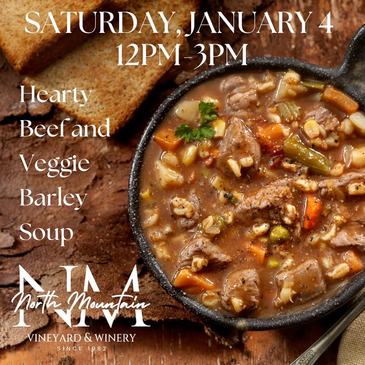 What better way to prepare for a winter storm than with cozy comfort? 😍 Our delicious Hearty Beef & Veggie Barley Soup is the perfect way to warm up, especially when paired with a glass of warm Glühwein. Add in a crackling fire and stunning views of the snow-dusted mountains at North Mountain Vineyard, and you've got the ultimate winter escape. Come join us! #northmountainvineyard #winterwarmers #beefbarleysoup #gluhwein #snowymountains #virginiawinecountry