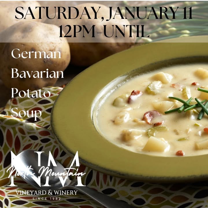 What better way to look out to our beautiful snow-kissed valley than with cozy comfort? 😍 Our delicious German Bavarian Potato Soup is the perfect way to warm up, especially when paired with a glass of wine. Add in a crackling fire and stunning views of the mountains at North Mountain Vineyard, and you've got the ultimate winter escape. Come join us! #northmountainvineyard #winterwarmers #germanbavarianpotatosoup #gluhwein #snowymountains #virginiawinecountry