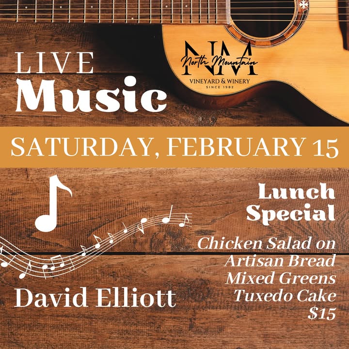 Join us this Saturday for a delicious lunch, fine bottle of wine, and relax to the tunes of David Elliott. Winery Hours: 11am - 5pm