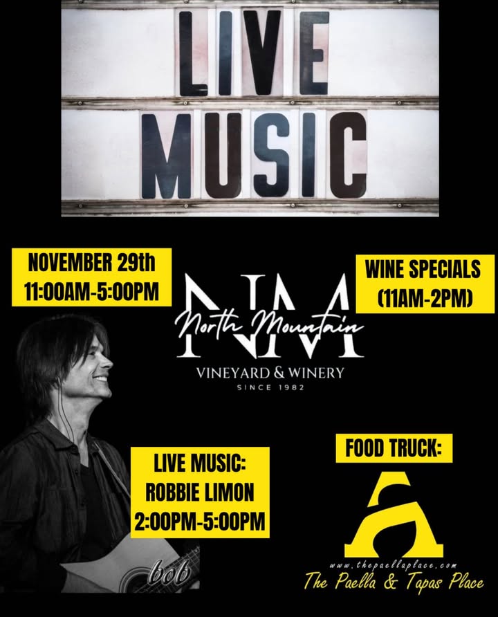 Saturday, November 29 • 11 AM - 5 PM Join us for a beautiful Saturday of wine, music, and great food here at North Mountain Vineyard & Winery! 🎶 Live Music by Robbie Limon (2PM-5PM) Robbie Limon is an award-winning Virginia entertainer known for his warm vocals and nostalgic blend of classic hits. A crowd favorite with timeless, feel-good energy. 🍽 Food Truck: The Paella & Tapas Place Fresh, authentic Spanish paella and tapas made on-site. A delicious pairing for a cozy fall afternoon in the mountains! 🍷 Wine Special (11 AM - 2 PM Only!) ✨ $1 off any glass of wine Perfect excuse to start your Saturday with us! 📍 4374 Swartz Rd, Maurertown VA ⏰ Open 11-5 🎟 Free entry • Family-friendly • Dogs welcome Come sip, relax, and enjoy the atmosphere, we can’t wait to see you this Saturday! 🍇✨ ✨ Families and guests of all ages are welcome to join us! 🍇 However, all wine and alcohol consumption is restricted to guests 21+ with ID. #NorthMountainVineyardAndWinery #VirginiaWine #ShenandoahValleyWine #WinchesterVA #MaurertownVA #VirginiaWineries #LiveMusicSaturday #RobbieLimon #PaellaAndTapas #FoodTruckFun #WeekendPlans #WineLovers #WineryLife #SipAndRelax #FallInVirginia #WineTasting #DrinkLocalVA #SupportLocal #VineyardViews #SaturdayVibes #FamilyFriendlyFun #DogFriendlyWinery #VirginiaEvents #WineWeekend #LocalGetaway
