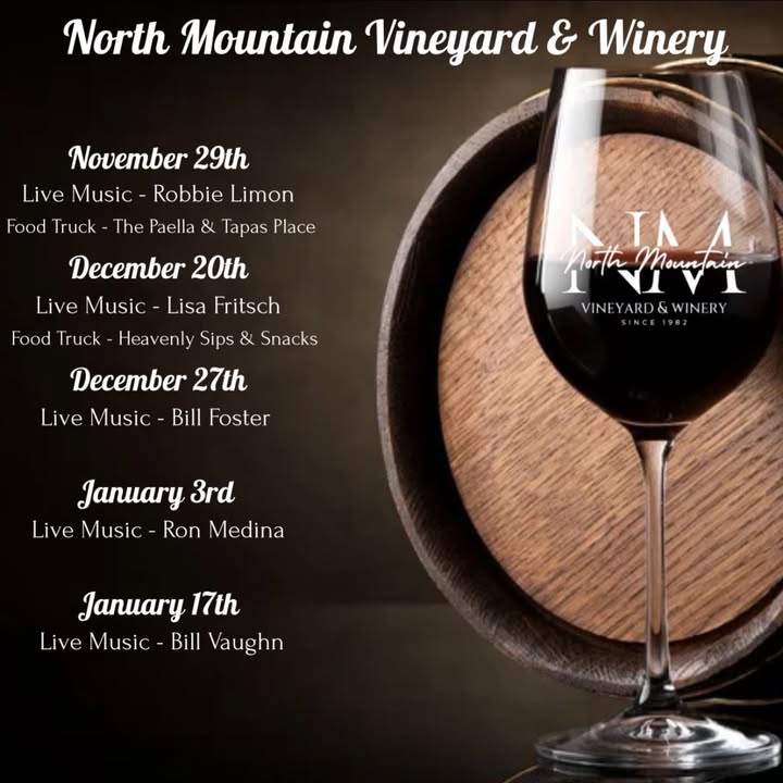 🎶 LIVE MUSIC SATURDAYS AT NORTH MOUNTAIN VINEYARD & WINERY 🍷 Come enjoy amazing local musicians, great wine, and beautiful mountain views. November 29th • Robbie Limon • Food Truck: The Paella & Tapas Place December 20th (Sip & Be Merry - ticketed event) • Lisa Fritsch • Food Truck: Heavenly Sips & Snacks December 27th • Bill Foster January 3rd • Ron Medina January 17th • Bill Vaughn ✨ Food Vendors Wanted! ✨ We have three open dates for food trucks & food vendors: December 27th • January 3rd • January 17th If you’d like to join us for one of these Saturdays, reach out - limited spaces available! #NorthMountainVineyard #NorthMountainWinery #LiveMusicSaturdays #VirginiaWine #ShenandoahValley #WinchesterVA #VAWinery #LocalMusic #SupportLocal #FoodTrucksVA #WineCountryVA #WeekendPlansk