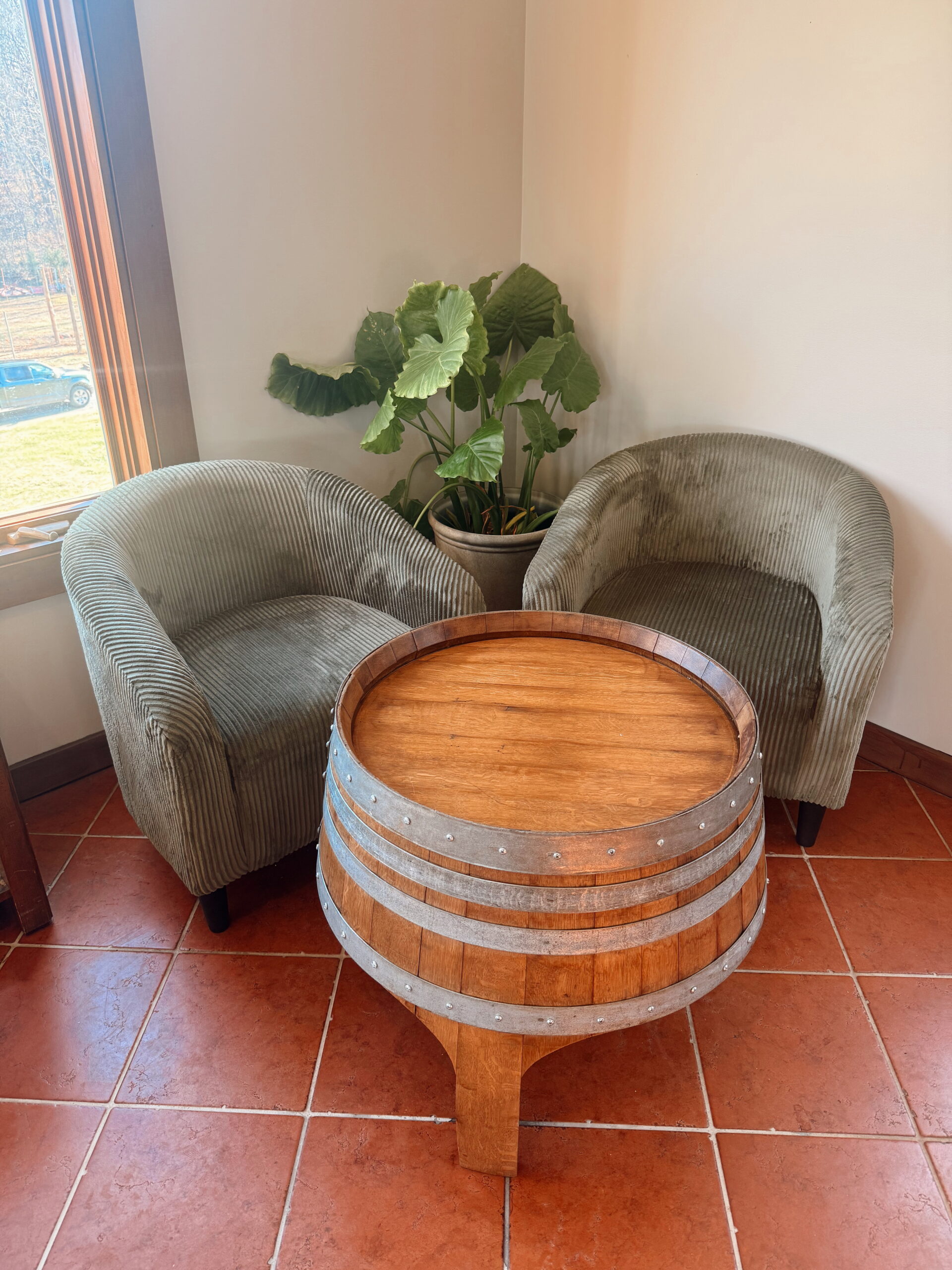 Tasting room seating with barrel table