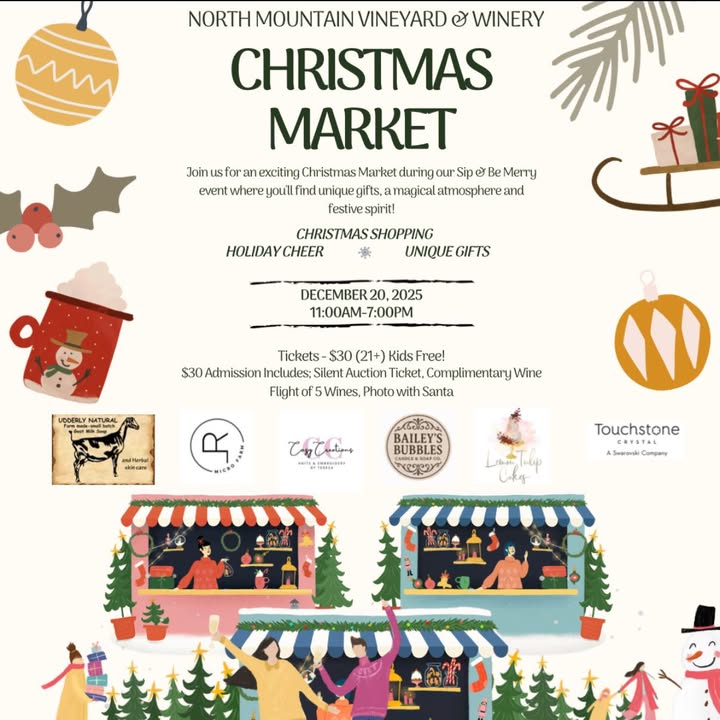 🎄 Sip & Be Merry Christmas Market! 🎄 Saturday, December 20th • 11 AM – 7 PM We’re transforming North Mountain Vineyard & Winery into a cozy holiday market for one magical day! ✨ Shop a curated selection of local vendors offering handmade gifts, festive treats, and seasonal goodies, all inside our Sip & Be Merry event. 🍷 Your ticket includes: • A complimentary wine flight of 5 wines • Access to the Christmas Market • A silent auction ticket • Photos with Santa & Mrs. Claus • A warm, festive afternoon at the winery 👧🧒 Kids are FREE to attend with an adult ticket holder! ✨ Please note: The Christmas Market is exclusive to Sip & Be Merry ticket holders. 🎟️ Get your tickets here: https://www.northmountainvineyard.com/product/sip-be-merry Come sip, shop, and celebrate the season with us at North Mountain Vineyard & Winery ❤️ #NorthMountainVineyardAndWinery #SipAndBeMerry #ChristmasMarket #HolidayShopping #SilentAuction #WinchesterVA #ShenandoahValley #VirginiaWine #HolidayAtTheWinery #ShopLocalVA