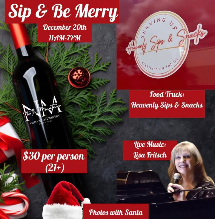 🎄 Sip & Be Merry at North Mountain Vineyard! 🎄 Celebrate the season with a festive day in the vineyard! Your ticket includes event admission, a complimentary curated wine tasting flight, and a silent auction ticket. Enjoy live music, browse vendors for Christmas shopping, and take photos with Santa & Mrs. Claus 🎅🤶! Food truck on site! We can't wait to welcome Heavenly sips and snacks ☕ Kids are free, and $2 hot chocolate will be available. 🚗 Designated drivers & non-drinkers can join for $10, which includes a free hot chocolate. 📅 Date: December 20th ⏰ Time: 11:00 AM - 7:00 PM 📍 Location: 4374 Swartz Rd, Maurertown, VA 22644 🎟 Reserve your spot now: https://www.northmountainvineyard.com/product/sip-be-merry 21+ with valid ID for wine tastings. Vendors to shop from: The Little R Micro Farm Cozy Creations by Teresa, LLC Udderly Natural Goat Milk Soaps and Greenhouses Bailey's Bubbles Candle & Soap Co. Lemon Tulip Cakes, LLC TouchStone Jewelry *CLUB MEMBERS RECEIVED A DISCOUNT CODE VIA EMAIL* ✨ #SipAndBeMerry #NorthMountainVineyard #ShenandoahValley #VirginiaWine #HolidayVibes #WineTasting #LiveMusic #ChristmasShopping #FamilyFriendly #SantaPhotos #VineyardViews #SupportLocalVendors #SipSipHooray #HolidayTradition