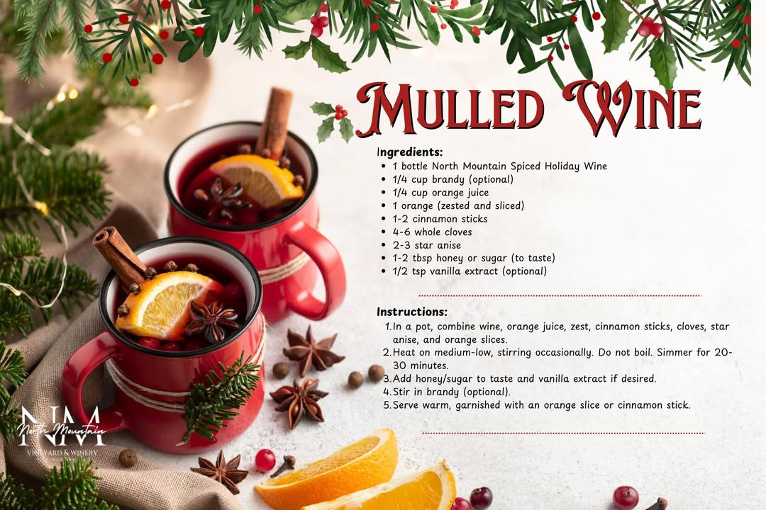 Our Spiced Holiday Wine is already infused with cozy seasonal spices ✨ But if you’re feeling extra festive, here’s a simple mulled wine recipe to take it up a notch. Simmer, sip, and savor the season 🍊🍷 Perfect for chilly nights, holiday gatherings, or a quiet evening by the fire.