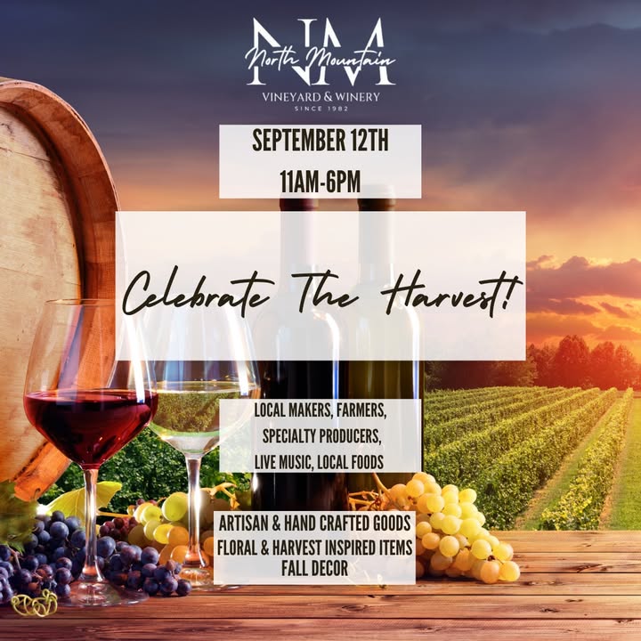 We are excited to invite select vendors to be part of "Celebrate the Harvest", a fall-themed event at North Mountain Vineyard & Winery on Saturday, September 12th, 2026 from 11:00 AM to 6:00 PM. "Celebrate the Harvest" is designed to highlight the beauty of the season, local craftsmanship, and offerings that pair well with a winery setting. We are seeking vendors whose products complement a harvest/fall atmosphere and enhance the overall guest experience. Vendors that would be a great fit include (but are not limited to): Artisan and handcrafted goods Fall décor, floral, or harvest-inspired items Specialty foods and packaged treats Local makers, farmers, and specialty producers Home, lifestyle, or gift items with an autumn theme Our guests will be enjoying wine, live music, and the seasonal ambiance of the vineyard while shopping and supporting local businesses. We aim to curate a thoughtful mix of vendors that align with the spirit of the harvest and a relaxed winery experience. If you are interested in participating or would like more details regarding vendor space, setup, and fees, please email us at wine@northmountainvineyard.com We would love to learn more about your offerings and see if it’s a good fit for this event. Thank you for your interest, and we hope to celebrate the harvest together in September! Sante!