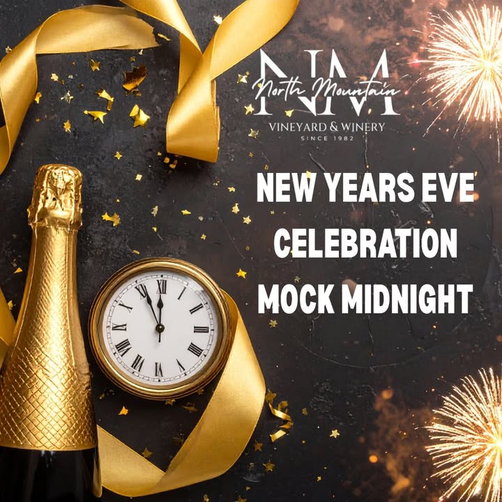 Join us TOMORROW, on New Year’s Eve for a festive and relaxing day at the vineyard. We’re open 11 AM-5 PM, and we’re welcoming 2026 a little early with a 4 PM balloon drop countdown in the tasting room! Enjoy a $5 Mountain Midnight wine toast during our “Mock Midnight” celebration. Plus, 10% off all bottles all day long! $5 Mountain Midnight glass all day long! Whether you’re stopping by for a cozy afternoon, picking up wine for midnight, or celebrating with us in the tasting room, we’d love to ring in the new year with you. ✨ Event Highlights: • Open 11 AM-5 PM • 10% off all bottles all day • 4 PM “Mock Midnight” Countdown & Toast • $5 Mountain Midnight wine pour • Warm, cozy vibes in the tasting room Bring friends, family, or just yourself, and let’s raise a glass to new beginnings and good wine at North Mountain Vineyard & Winery! Tickets: Not required, just stop by!