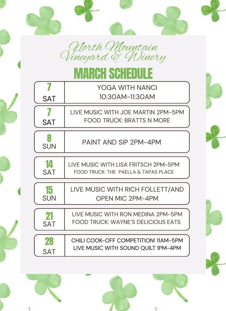 🌿MARCH IS HERE AT THE VINEYARD!🌿 Longer days. Fresh pours. Live music. Food trucks. It’s officially vineyard season and we are READY! Here’s what’s hitting the bar this month: (NEW Wine Cocktails) 🍀 Shamrock Spritz Crisp apple wine + splash of soda water + dehydrated lime 🍀The Lucky Barrel Spiced holiday wine + ginger ale + dehydrated lime 🍀Shenandoah Gold Rush Riesling + orange juice + fresh lime Bright. Bold. Perfect for patio season. And yes 👀, our BRAND NEW mocktail menu just dropped today (full post coming soon!). Grab your crew, check the March music & food truck lineup, and come sip with us. Spring is knocking, let’s pour something about it 🍷☀️ #MarchAtTheVineyard #VineyardSeason #SipSipHooray #ShenandoahValleyWine #DrinkLocal
