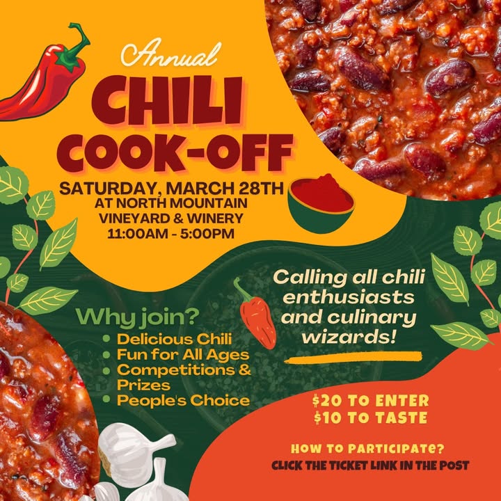 🌶️ Annual Chili Cook-Off at North Mountain Vineyard & Winery 🌶️ 📅 Saturday, March 28th ⏰ 11:00 AM – 5:00 PM 🎶 Live Music 2:00-4:30 PM with Sound Quilt Get ready to spice things up at our Annual Chili Cook-Off! Whether you’re showing off your best chili recipe or just coming to taste them all, this is a fan-favorite event you won’t want to miss. 🔥 Want to Compete? Think your chili has what it takes? • $20 to enter a chili • Bragging rights • Prizes • Tons of fun! To sign up to compete (Click Chili Entry Ticket $20): https://www.northmountainvineyard.com/product/-annual-chili-cook-off-at-north-mountain-vineyard-winery- 🥄 Just Here to Taste? Sample all the competing chilis and cast your vote! • $10 tasting fee 🎟️ Grab Your Tickets Here (Click Chili Tasting Ticket $10): https://www.northmountainvineyard.com/product/-annual-chili-cook-off-at-north-mountain-vineyard-winery-