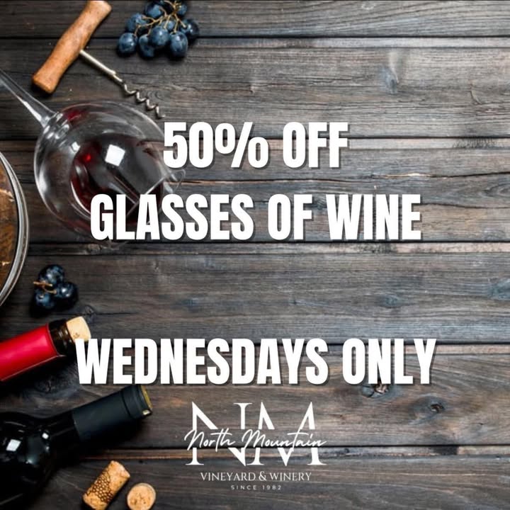 🍷 Wine Down Wednesday is HERE 🍷 Take a midweek break and treat yourself to 50% OFF glasses of wine, every Wednesday! Reds $12 ⟶ $6 Whites $10 ⟶ $5 Whether you’re catching up with friends, planning a date night, or just need a little midweek reset… we’ve got your glass waiting. ✨ Cozy vibes ✨ Beautiful views ✨ Your favorite local estate-grown wines Open 11AM-5PM Tag a friend below! #WineDownWednesday #NorthMountainVineyardAndWinery #VirginiaWine #ShenandoahValley #MidweekReset #SupportLocalWineries