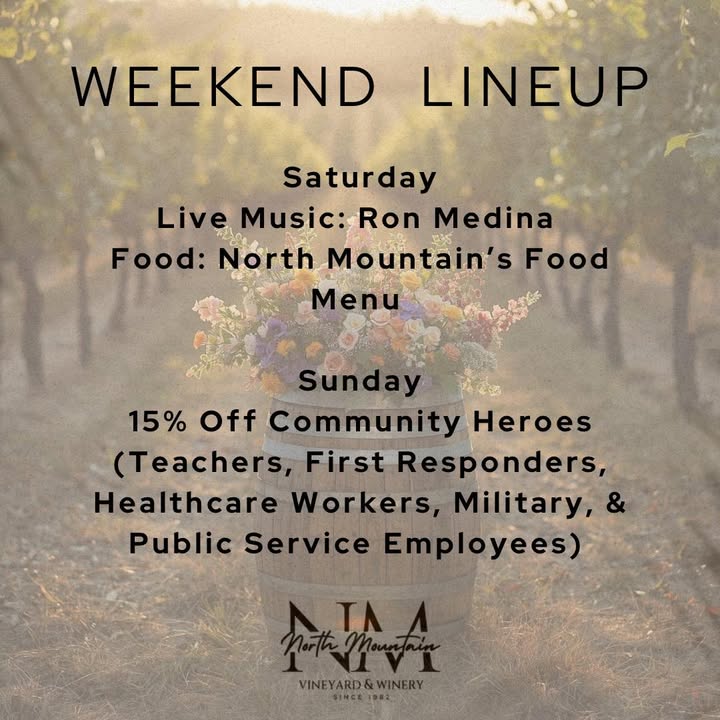 🌿 Weekend Plans = Covered 🍷 Join us at North Mountain Vineyard & Winery for a relaxing, feel-good weekend in the vines: Saturday Live Music with Ron Medina Food: Our delicious North Mountain food menu available all day (we’ve added a new menu item - EMPANADAS!!) Sunday We’re giving back with 15% off for our Community Heroes (Teachers, First Responders, Healthcare Workers, Military & Public Service) Good wine, great music, and even better company, what more could you need? 🌸Grab your friends, bring the family, and come spend the weekend with us. #NorthMountainVineyard #WineryWeekend #LiveMusicVA #ShenandoahValley #VirginiaWineries #WeekendVibes #SupportLocal #CommunityHeroes #DrinkLocalWine