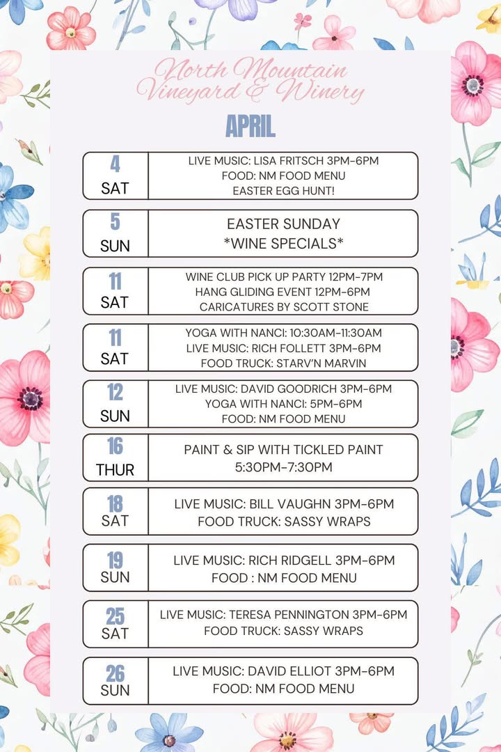 🌸 April at North Mountain Vineyard & Winery 🌸 Spring is here, and we’ve got a full month of great wine, live music, and relaxing vineyard vibes waiting for you! 🍷 * REMINDER *Starting April 1st, our new hours are: Closed Monday & Tuesday Wednesday & Thursday: 11 AM – 5 PM Friday, Saturday & Sunday: 12 PM – 7 PM Plan your weekends with us and enjoy everything April has to offer in the Shenandoah Valley! On days marked NM Food Menu, we offer a delicious selection of: 🥖 Baguettes 🧀 Baguette with Brie 🍷 Baguette with Brie & Sausage 🧺 Charcuterie Boards & Cups 🥟 Empanadas Grab your friends, sip your favorite wines, and come spend some time with us at North Mountain Vineyard & Winery 💛 #LoveVA #NorthMountainWinery #ShenandoahValleyWine #VirginiaWine #SpringAtTheWinery #DrinkLocal