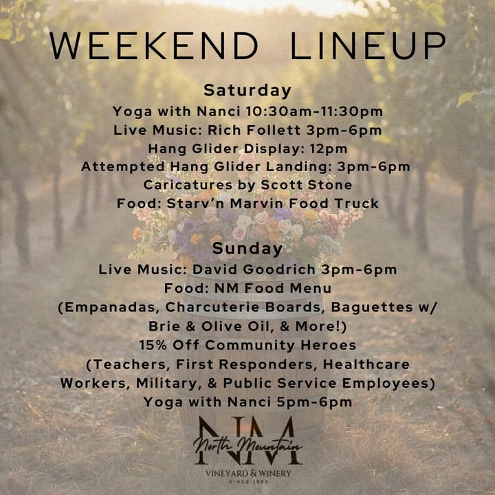 🌿 Weekend Lineup at North Mountain Vineyard & Winery 🌿 Spring is in full swing and we’ve got a full weekend of music, views, and good vibes waiting for you 🍷 Saturday Highlights: 🌿 Flow In The Vineyard Yogaboundva with Nanci (10:30am-11:30am) 🎶 Live Music with Rich Follett (3–6pm) 🪂 Hang Glider Display at 12pm + Landing Attempts (3–6pm) 🎨 Caricatures by Scott Stone 🍴 Starv'n Marvin Food Truck Sunday Fun: 🎶 Live Music with David Goodrich (3–6pm) 🥖 In-house favorites: empanadas, charcuterie, baguettes & more 💙 15% OFF for Community Heroes 🌿 Flow In The Vineyard Yogaboundva with Nanci (5pm-6pm) Grab your friends, bring the family (and pups 🐾), and spend the weekend soaking in the vineyard views with a glass in hand. 📍 Open all weekend 12pm-7pm - we’ll save you a seat! #NorthMountainWinery #ShenandoahValleyWine #WeekendVibes #LiveMusic #WineryEvents #DrinkLocal #VirginiaWine #LoveVA #VirginiaIsForWineLovers