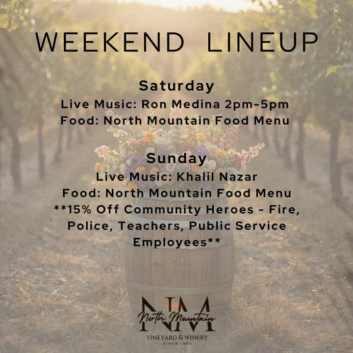 🎶🍷 Weekend Lineup at North Mountain Vineyard & Winery 🍷🎶 We’ve got a full weekend of live music, great wine, and good vibes waiting for you in the vineyard! Saturday 🎤 Ron Medina | 2–5 PM Sunday 🎤 Khalil Nazar | 3–6 PM Grab your friends, find your spot, and settle in for an afternoon of music and mountain views. 🚨 Community Heroes Appreciation 🚨 We’re saying thank you with 15% OFF EVERY SUNDAY for: ❤️ Firefighters 💙 Police 🍎 Teachers 🤝 Public Service Employees 📍 4374 Swartz Rd, Maurertown, VA 🍇 Estate-grown wines | Family & dog-friendly Tag your crew and make plans to sip with us this weekend! 🍷