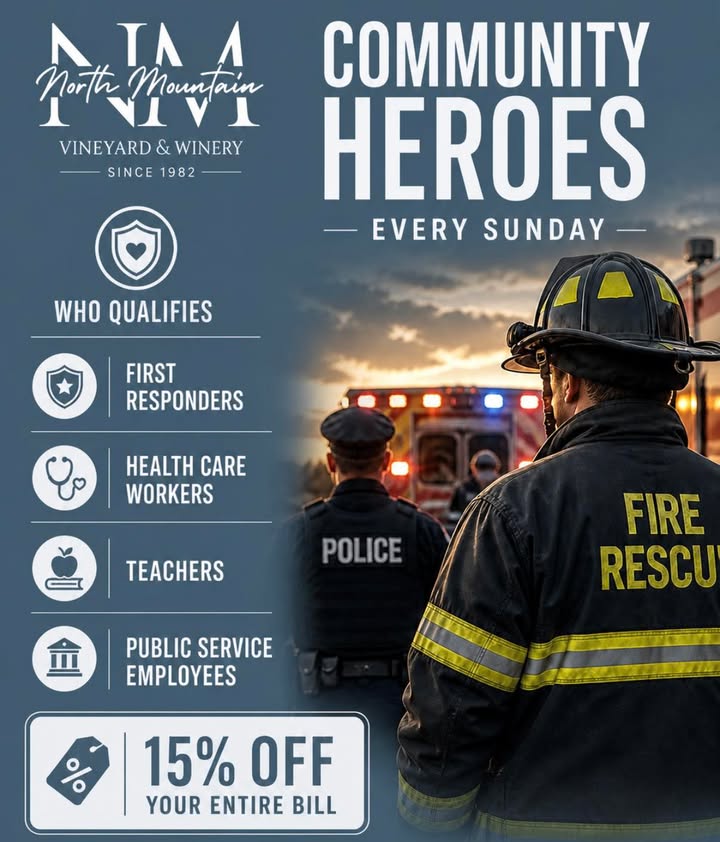 Every Sunday = Community Heroes Day! 15% off your entire bill for: First Responders Healthcare Workers Teachers Public Service Employees We’ve had such an amazing turnout every week, nothing better than getting to connect with you all. Come join us this Sunday 🍷