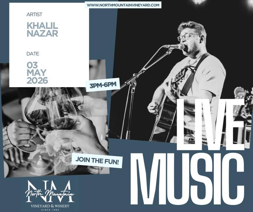 Khalil Nazar goes live in just 15 minutes! 🎶 Come out and enjoy this beautiful Sunday afternoon with us at North Mountain Vineyard & Winery 🍷☀️ Great music, great wine, and the perfect way to wind down your weekend. Don’t forget, Community Heroes get 15% off today!