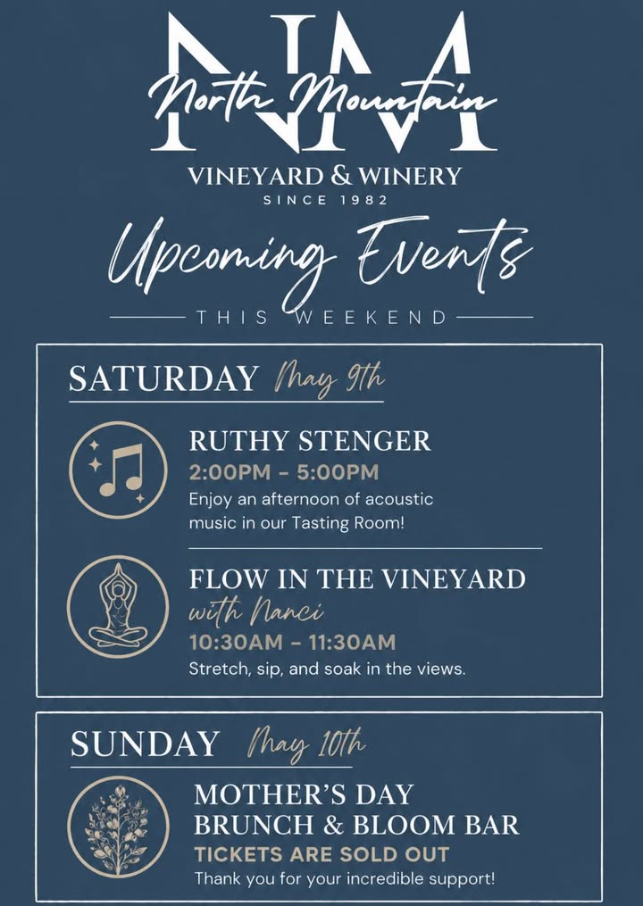 Upcoming Events This Weekend at North Mountain Vineyard & Winery Join us for a beautiful weekend filled with wine, music, yoga, and Mother’s Day celebrations! SATURDAY, MAY 9 🎶 Ruthy Stenger | 2PM-5PM Enjoy an afternoon of acoustic music in our tasting room! 🧘 Flow in the Vineyard Yoga with Nanci | 10:30AM–11:30AM To register for yoga please email: yogaboundva@gmail.com SUNDAY, MAY 10 🌸 Mother’s Day Brunch & Bloom Bar SOLD OUT! Thank you all so much for the incredible support! Although brunch is sold out, you can still join us at the winery on Sunday to celebrate Mom with wine, beautiful views, and our NM food menu available throughout the day. 🍷🤍 📍4374 Swartz Rd, Maurertown, VA 🍷 North Mountain Vineyard & Winery