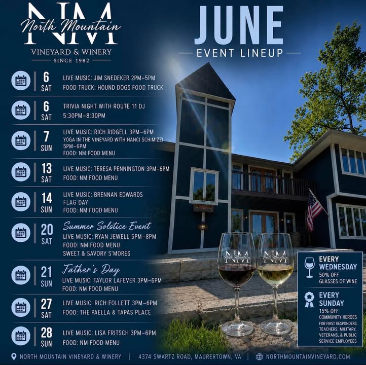 ☀️ June is here, and we’ve packed the month with live music, great food, trivia, special events, and plenty of wine! 🍷 Join us at North Mountain Vineyard & Winery for: 🎵 Live music every weekend🎵 🎵 Music with Music by Jim Snedeker -June 6 🧠 Trivia Night with Trivia Night With Route 11 DJ-June 6 🎵 Music with Rich Ridgell - June 7 🎵 Music with Teresa Pennington-June 13 🇺🇸 Flag Day-Music with Brennan Edwards - June 14 🔥 Summer Solstice Event with Ryan Jewel Music & Sweet/Savory S’mores-June 20 👔 Father’s Day Music w/Taylor LaFever - June 21 🎵 Music with Rich Follett - June 27 🥘 The Paella & Tapas Place - June 27 🎵 Music with Lisa Fritsch - June 28 Don’t forget our weekly specials: 🍷 Every Wednesday - 50% OFF glasses of wine ⭐ Every Sunday - 15% OFF Community Heroes (first responders, teachers, military, veterans, & public service employees) Grab your friends, find your favorite event, and spend June with us in the Shenandoah Valley. We can’t wait to see you! 📍 North Mountain Vineyard & Winery 📍 Maurertown, VA Open Wed & Thur 11AM-5PM Open Fri, Sat, Sun 12PM-7PM Which event are you most excited for this month?