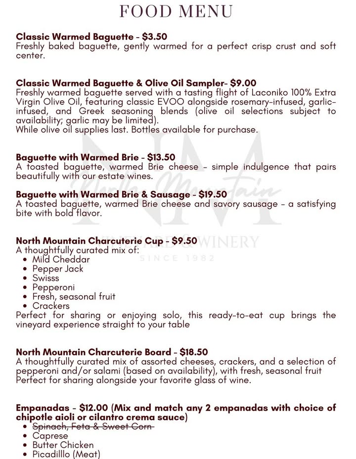 Today’s Food Update! Unfortunately, our scheduled food truck had to cancel, but don’t worry, we still have plenty of delicious bites to enjoy with your wine! Join us for an afternoon of great wine, live music with Rich Follett from 3-6 PM, and beautiful vineyard views at North Mountain Vineyard & Winery. We can’t wait to see you! #NorthMountainWinery #VirginiaWine #LiveMusic #WineryWeekend