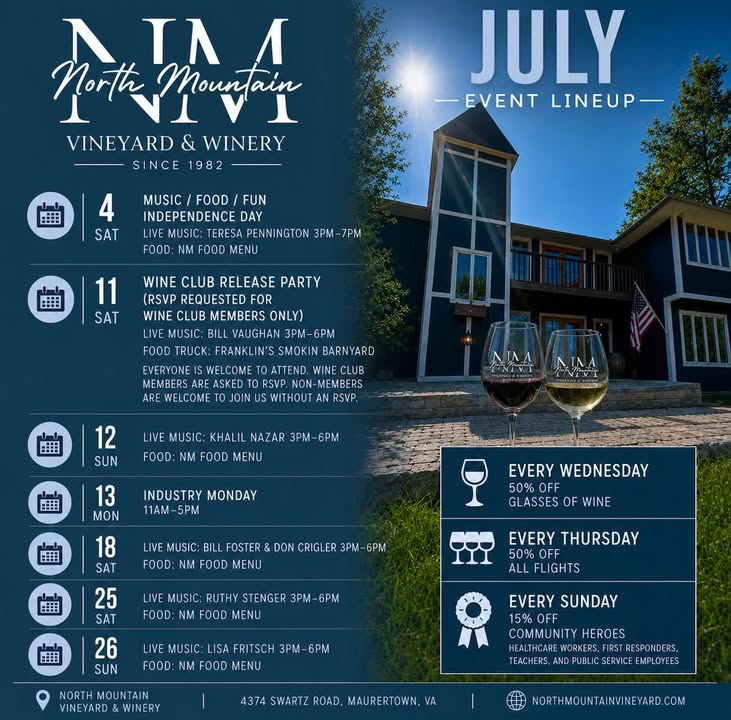 July at North Mountain Vineyard & Winery is packed with great wine, live music, and new experiences!